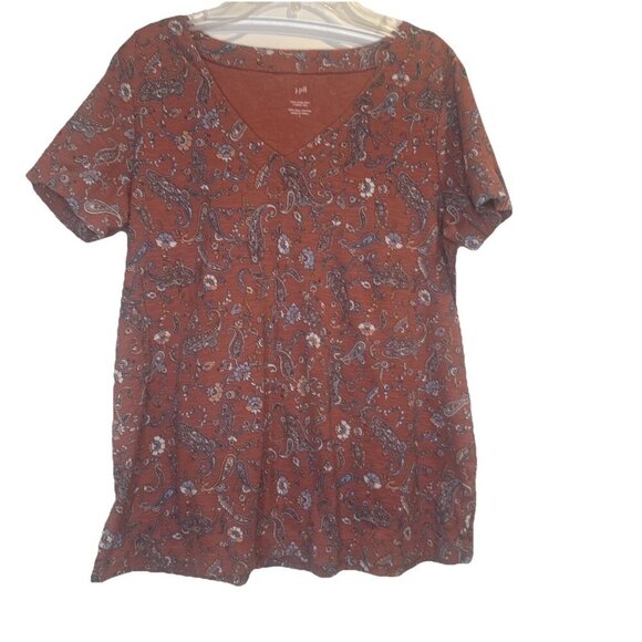 J Jill Top Pink Blue Paisley Pima Slub Knit V Neck Tee Shirt Sz S Casual Travel - Picture 2 of 7